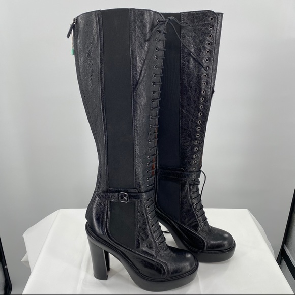 GIVENCHY | Black Leather Lace up Knee High Boots - Picture 5 of 16